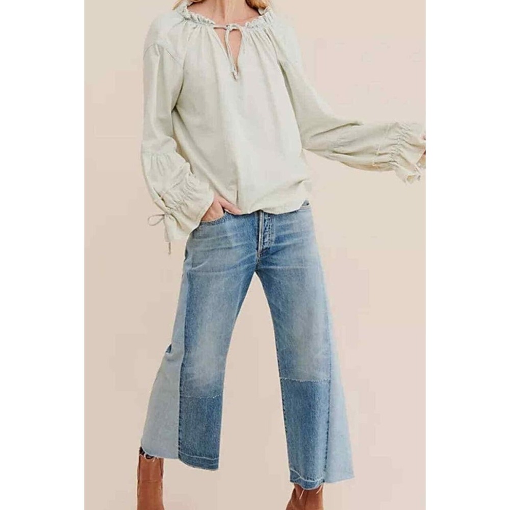 Free People Women's Alpine Drawstring Neck Top Washed Out Indigo S NWT Boho